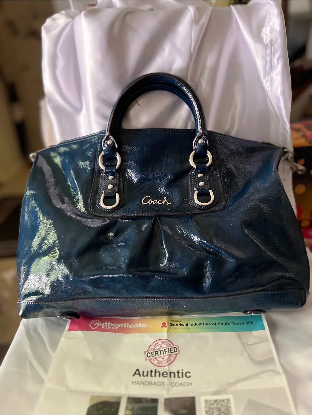 Coach Patent Leather Satchel in Navy Blue